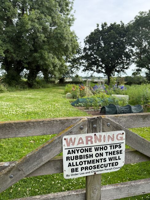 A close-up view of a weathered wooden gate with a metal warning sign attached, which reads 'WARNING: Anyone who tips rubbish on these allotments will be prosecuted by order Lea and Cleverton Parish Council.' The scene behind the gate features a lush green outdoor space with grass, small flowering plants, and cultivated vegetable patches covered with black plastic or fabric covers. In the background, tall trees with dense green foliage and a partly cloudy sky are visible. The overall scene suggests a community allotment garden, potentially involved in home relocation or garden storage activities, with the presence of the sign indicating adherence to estate rules. The image captures a peaceful, rural environment suitable for outdoor activities associated with garden or small-scale agricultural projects, and reflects the type of location where household items or gardening equipment could be moved or stored during a local house removal or garden clearance process, supported by Man with Van Whitton's removals services.