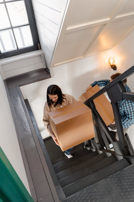 An indoor staircase with dark carpeting and a black metal handrail, where a woman with dark hair, wearing a beige sweater, is carrying a medium-sized cardboard box up the stairs during a home relocation process. A partially visible person in a checked shirt is also ascending behind her, with additional boxes visible on the stairs, indicating a packing and moving situation. The surrounding environment includes a white wall, a window letting in natural light, and a wall-mounted light fixture. The scene reflects the logistics involved in furniture transport and secure handling during house removals, with the individuals working carefully in a residential setting, consistent with services provided by Man with Van Whitton.