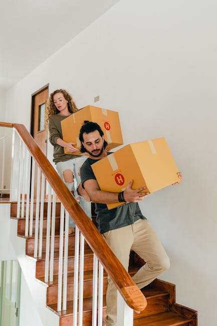 An indoor staircase with dark carpeting and a black metal handrail, where a woman with dark hair, wearing a beige sweater, is carrying a medium-sized cardboard box up the stairs during a home relocation process. A partially visible person in a checked shirt is also ascending behind her, with additional boxes visible on the stairs, indicating a packing and moving situation. The surrounding environment includes a white wall, a window letting in natural light, and a wall-mounted light fixture. The scene reflects the logistics involved in furniture transport and secure handling during house removals, with the individuals working carefully in a residential setting, consistent with services provided by Man with Van Whitton.